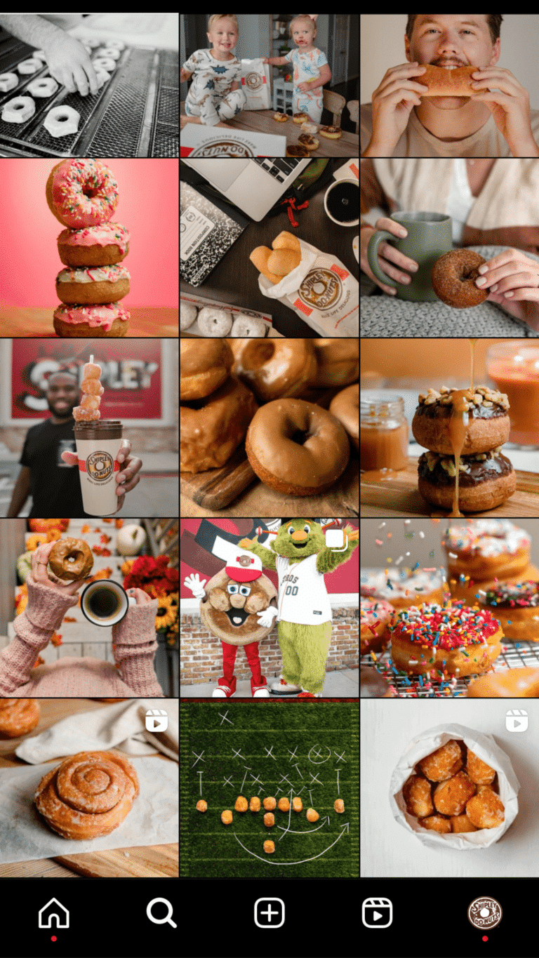 A vibrant Instagram grid showcasing donuts, happy customers, and creative donut presentations.