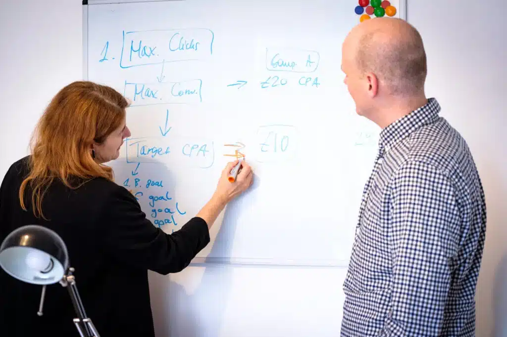 Two professionals brainstorming SEO and ad campaign optimization on a whiteboard.