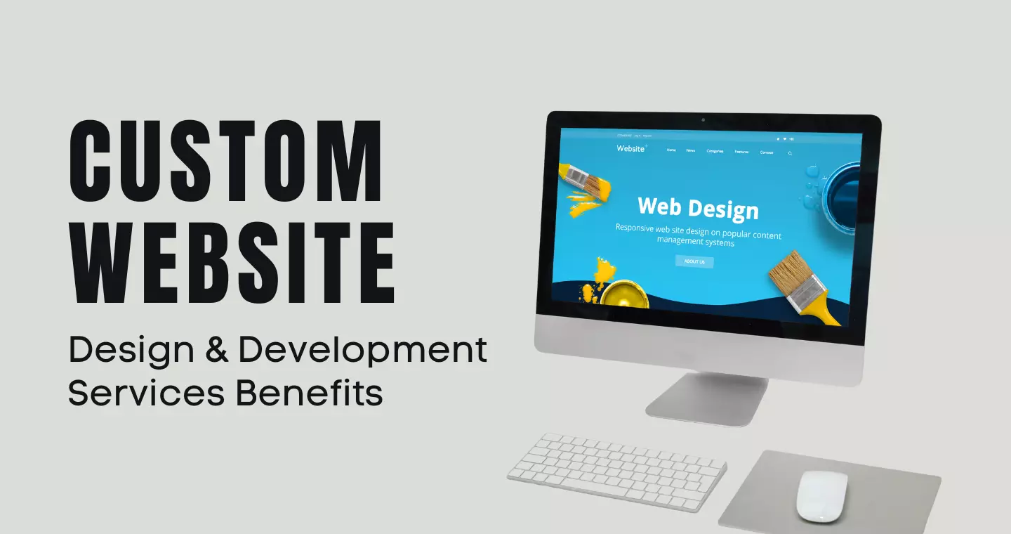 Desktop computer with text "Custom Website Design & Development Services Benefits.